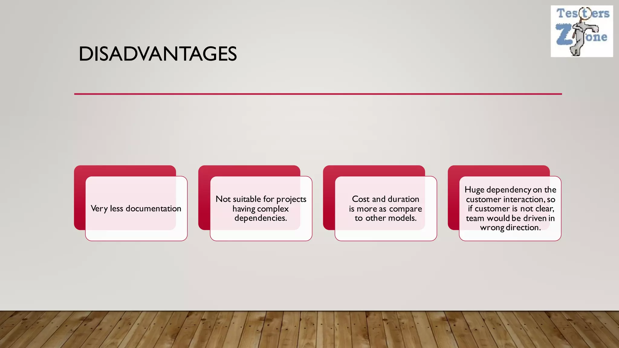 DISADVANTAGES
Very less documentation
Not suitable for projects
having complex
dependencies.
Cost and duration
is more as compare
to other models.
Huge dependencyon the
customer interaction,so
if customer is not clear,
team would be driven in
wrong direction.
 