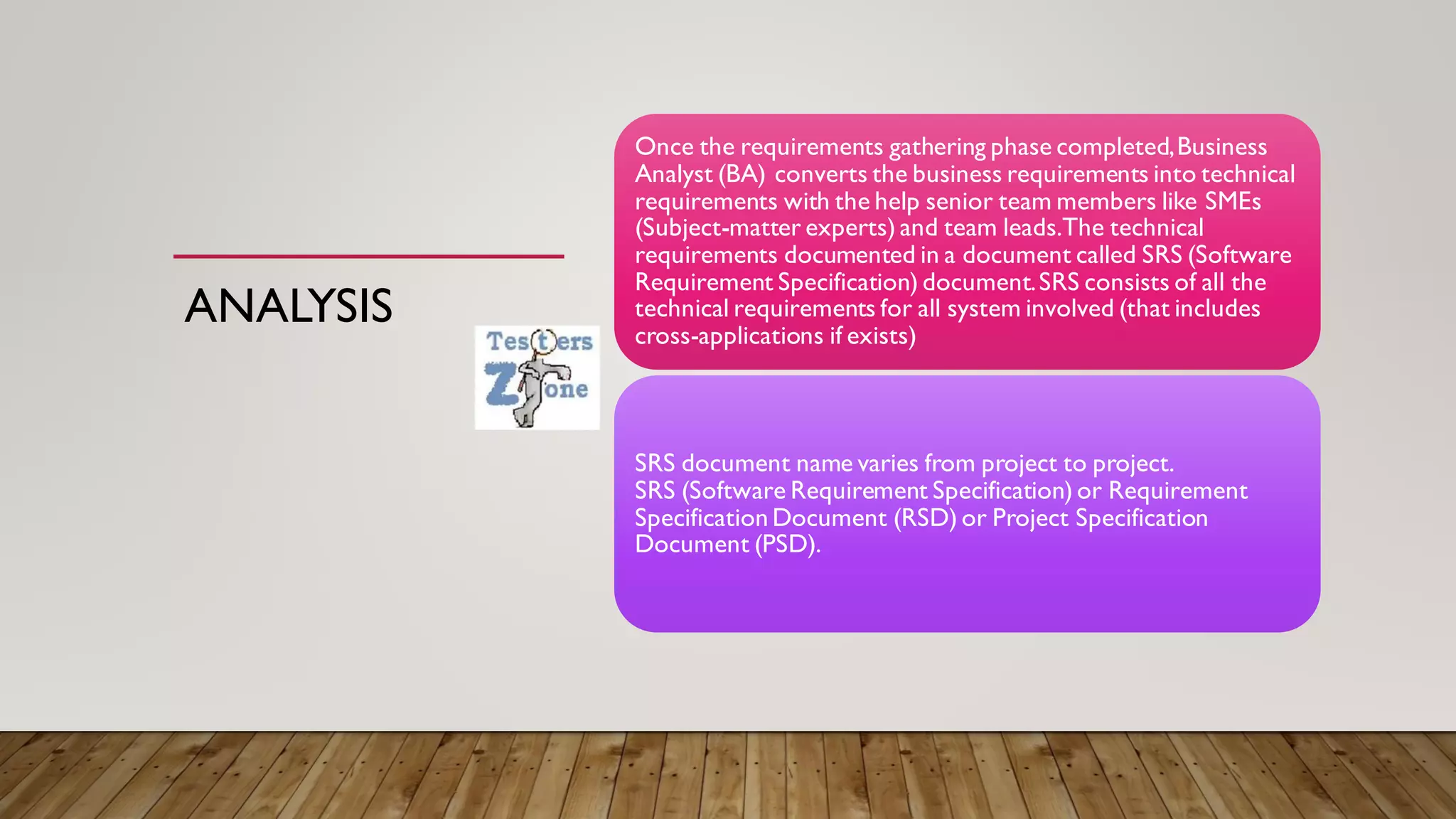 ANALYSIS
Once the requirements gathering phase completed,Business
Analyst (BA) converts the business requirements into technical
requirements with the help senior team members like SMEs
(Subject-matter experts) and team leads.The technical
requirements documented in a document called SRS (Software
Requirement Specification) document.SRS consists of all the
technical requirements for all system involved (that includes
cross-applications if exists)
SRS document name varies from project to project.
SRS (Software Requirement Specification) or Requirement
Specification Document (RSD) or Project Specification
Document (PSD).
 
