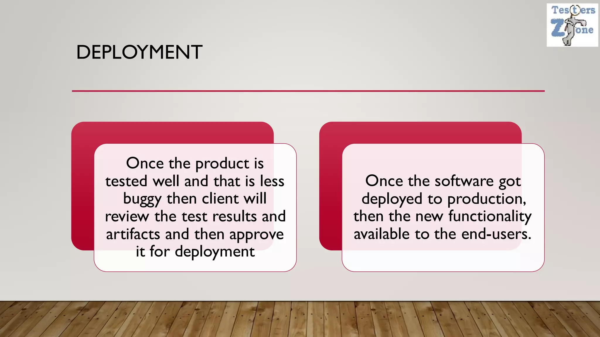 DEPLOYMENT
Once the product is
tested well and that is less
buggy then client will
review the test results and
artifacts and then approve
it for deployment
Once the software got
deployed to production,
then the new functionality
available to the end-users.
 