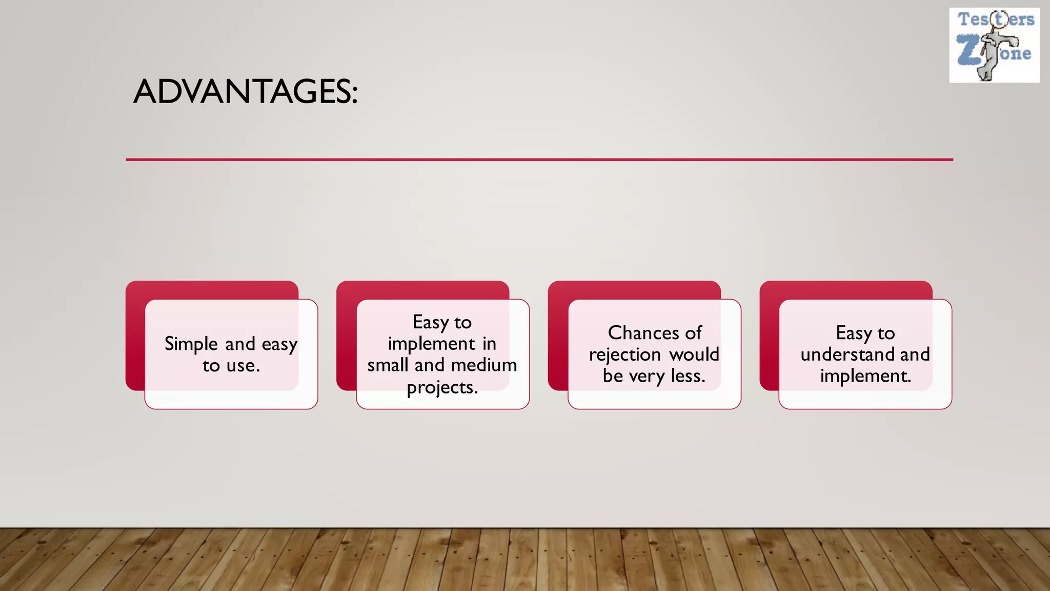 ADVANTAGES:
Simple and easy
to use.
Easy to
implement in
small and medium
projects.
Chances of
rejection would
be very less.
Easy to
understand and
implement.
 