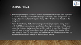 TESTING PHASE
• Note:This phase helps to understand whether implemented code is as per client expectation
or not, Once the coding completed The developer performs the initial testing that are unit
testing (UT) and/or Application Integration Testing (AIT) before handover the code to the
testing team.
• Testers do lot of testing like Functional testing, system testing, acceptance testing etc and
verify the BRS(Business requirement specification). If development is not as per BRS, testers
raise or log the defect tagging to developer and dev needs to fix it and share the updated
code with tester in form of build and then tester will do retesting.After retesting defect
might reopen or close.This entire testing and bug logging activity follows certain process that
is called as Software testing life cycle or Software testing process.
 