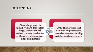 DEPLOYMENT
Once the product is
tested well and that is less
buggy then client will
review the test results and
artifacts and then approve
it for deployment
Once the software got
deployed to production,
then the new functionality
availabls to the end-users.
 
