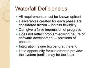 Waterfall Deficiencies
 All requirements must be known upfront
 Deliverables created for each phase are
considered frozen – inhibits flexibility
 Can give a false impression of progress
 Does not reflect problem-solving nature of
software development – iterations of
phases
 Integration is one big bang at the end
 Little opportunity for customer to preview
the system (until it may be too late)
 