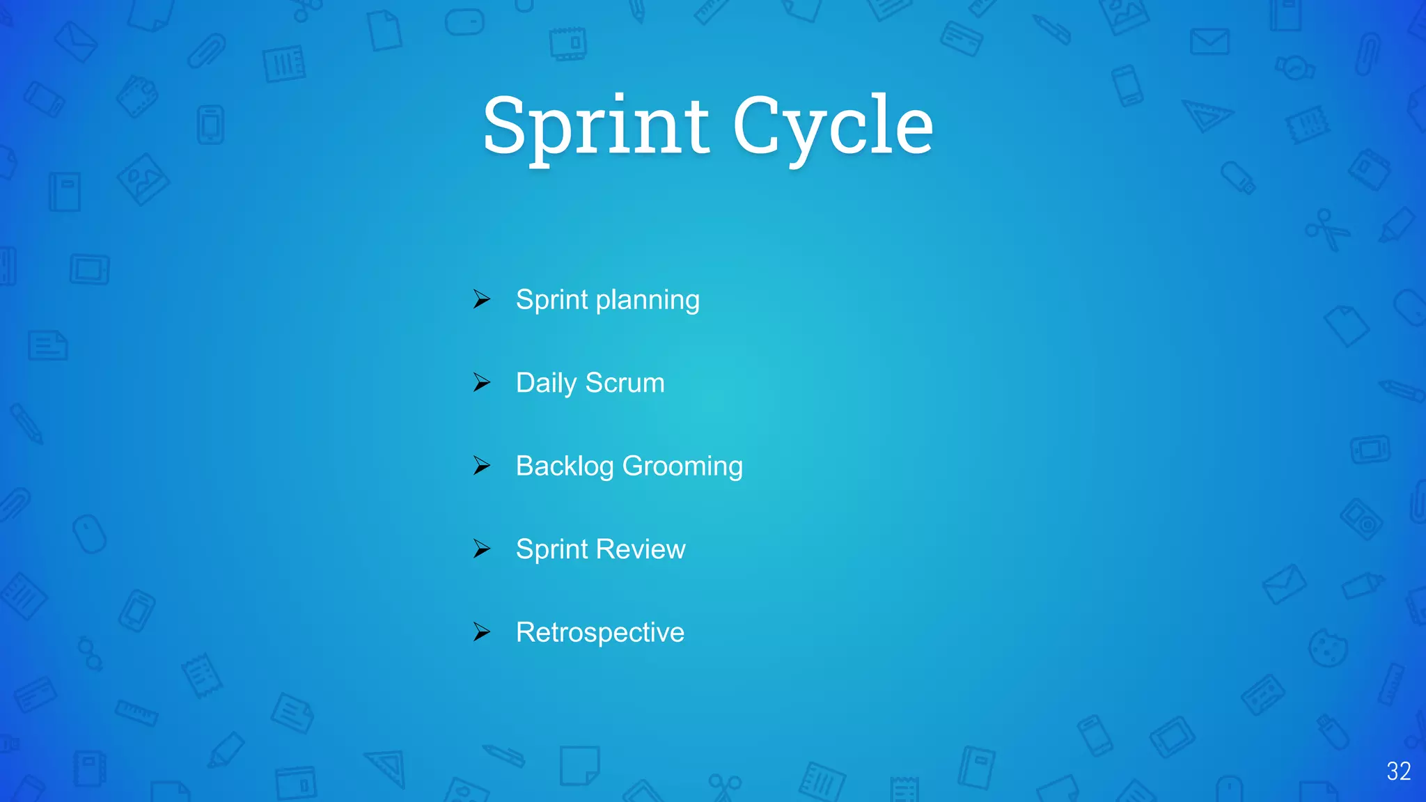 Sprint Cycle
32
 Sprint planning
 Daily Scrum
 Backlog Grooming
 Sprint Review
 Retrospective
 