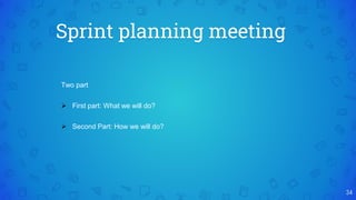 Sprint planning meeting
34
Two part
 First part: What we will do?
 Second Part: How we will do?
 