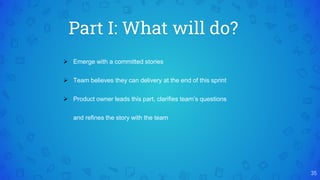 Part I: What will do?
35
 Emerge with a committed stories
 Team believes they can delivery at the end of this sprint
 Product owner leads this part, clarifies team’s questions
and refines the story with the team
 