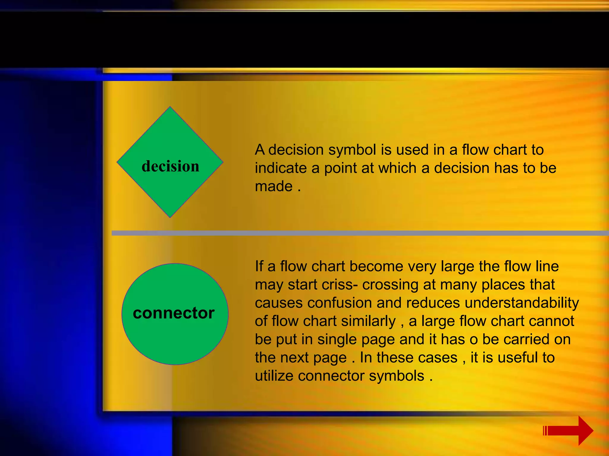 decision 
A decision symbol is used in a flow chart to 
indicate a point at which a decision has to be 
made . 
connector 
If a flow chart become very large the flow line 
may start criss- crossing at many places that 
causes confusion and reduces understandability 
of flow chart similarly , a large flow chart cannot 
be put in single page and it has o be carried on 
the next page . In these cases , it is useful to 
utilize connector symbols . 
 
