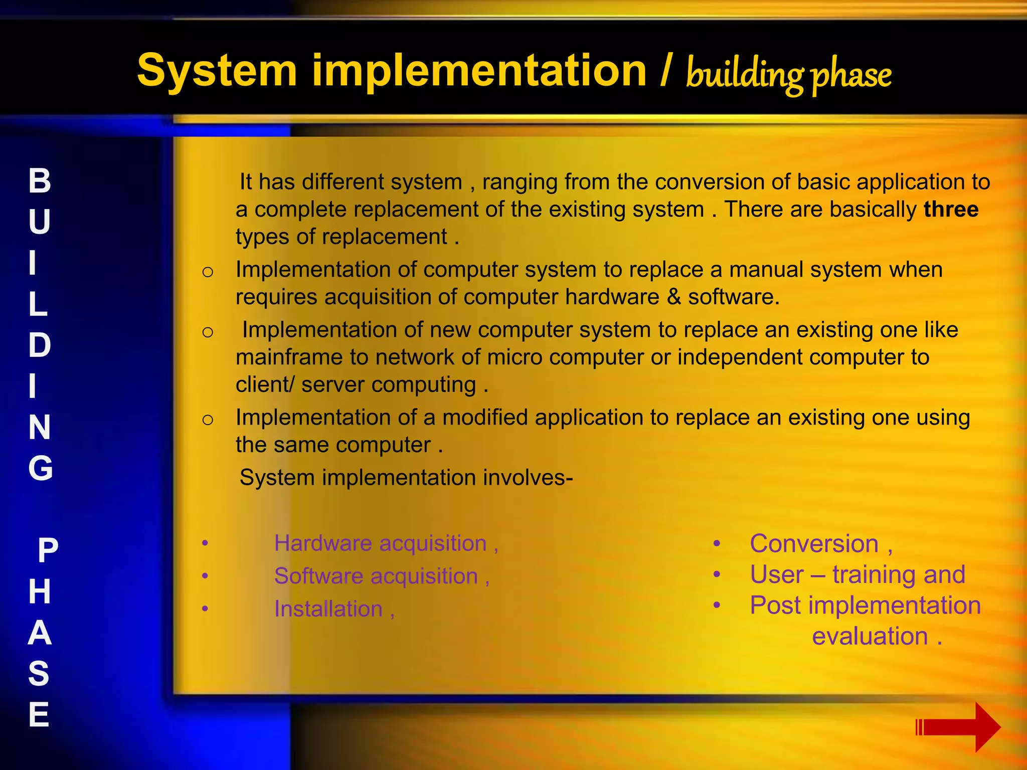 System implementation / building phase 
It has different system , ranging from the conversion of basic application to 
a complete replacement of the existing system . There are basically three 
types of replacement . 
o Implementation of computer system to replace a manual system when 
requires acquisition of computer hardware & software. 
o Implementation of new computer system to replace an existing one like 
mainframe to network of micro computer or independent computer to 
client/ server computing . 
o Implementation of a modified application to replace an existing one using 
the same computer . 
System implementation involves- 
• Hardware acquisition , 
• Software acquisition , 
• Installation , 
• Conversion , 
• User – training and 
• Post implementation 
evaluation . 
B 
U 
I 
L 
D 
I 
N 
G 
P 
H 
A 
S 
E 
 
