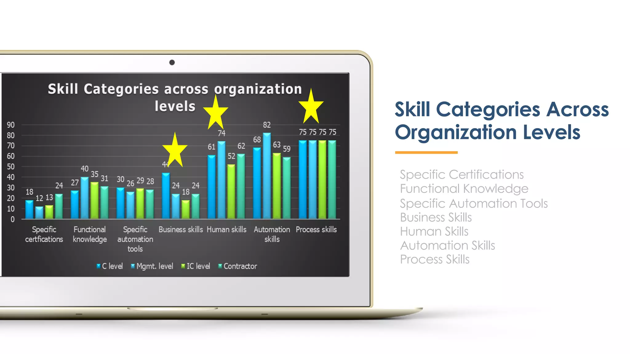Skill Categories Across
Organization Levels
Specific Certifications
Functional Knowledge
Specific Automation Tools
Business Skills
Human Skills
Automation Skills
Process Skills
 