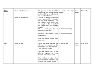 While: 
Post: 
T shows to Ss the webquest. 
T shows the introduction. 
T shows the task. 
“As you can see the title of the 
webquest is “My favourite person 
in the world”, so we will check it 
and we will do the task” 
“Here in the introduction we have 
some grammatical information 
that we should remember. Likes 
and dislikes, could anyone give 
an example of likes or dislikes? 
For example: I like cake, I dislike 
spaghetti” 
Mr. … could you give an 
example and you Mrs. …. 
Can I say I likes apples? Or we 
likes dancing? 
Now you will see a short video 
about jobs. 
This is one of the tasks that you 
will do, pay attention to the 
instructions; I will read it for you. 
“You will work in pairs. 
You will choose one of the 
following pictures as your 
favourite person in the world. 
You will have to make a brief 
oral presentation explaining why 
he/she is your favourite person. 
To practice the target 
language. 
To check understanding. 
To check understanding. 
To state the task. 
10 
minutes. 
15-20 
minutes. 
T-Ss, Ss-Ss 
T-Ss, Ss-Ss. 
 