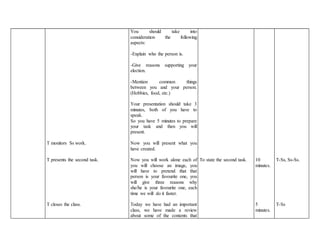 T monitors Ss work. 
T presents the second task. 
T closes the class. 
You should take into 
consideration the following 
aspects: 
-Explain who the person is. 
-Give reasons supporting your 
election. 
-Mention common things 
between you and your person. 
(Hobbies, food, etc.) 
Your presentation should take 3 
minutes, both of you have to 
speak. 
So you have 5 minutes to prepare 
your task and then you will 
present. 
Now you will present what you 
have created. 
Now you will work alone each of 
you will choose an image, you 
will have to pretend that that 
person is your favourite one, you 
will give three reasons why 
she/he is your favourite one, each 
time we will do it faster. 
Today we have had an important 
class, we have made a review 
about some of the contents that 
To state the second task. 
10 
minutes. 
5 
minutes. 
T-Ss, Ss-Ss. 
T-Ss 
 