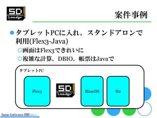 案件事例

タブレットPCに入れ、スタンドアロンで
 利用(Flex3-Java)
 画面はFlex3できれいに
 複雑な計算、DBIO、帳票はJavaで
 タブレットPC




    Flex3     BlazeDS   H2
 