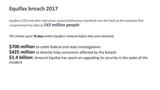 Equifax breach 2017
Equifax's CEO and other executives resigned following a backlash over the hack at the company that
compromised the data of 143 million people
The thieves spent 76 days within Equifax's network before they were detected.
$700 million to settle federal and state investigations
$425 million to directly help consumers affected by the breach
$1.4 billion: Amount Equifax has spent on upgrading its security in the wake of the
incident
 