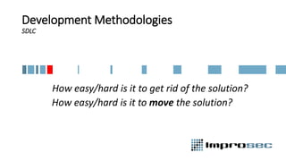 Development Methodologies
SDLC
How easy/hard is it to get rid of the solution?
How easy/hard is it to move the solution?
 