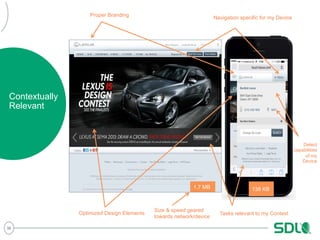 36 
Proper Branding Navigation specific for my Device 
Optimized Design Elements 
Detect 
capabilities 
of my 
Device 
1.7 MB 138 KB 
Tasks relevant to my Context 
Size & speed geared 
towards network/device 
Contextually 
Relevant 
 
