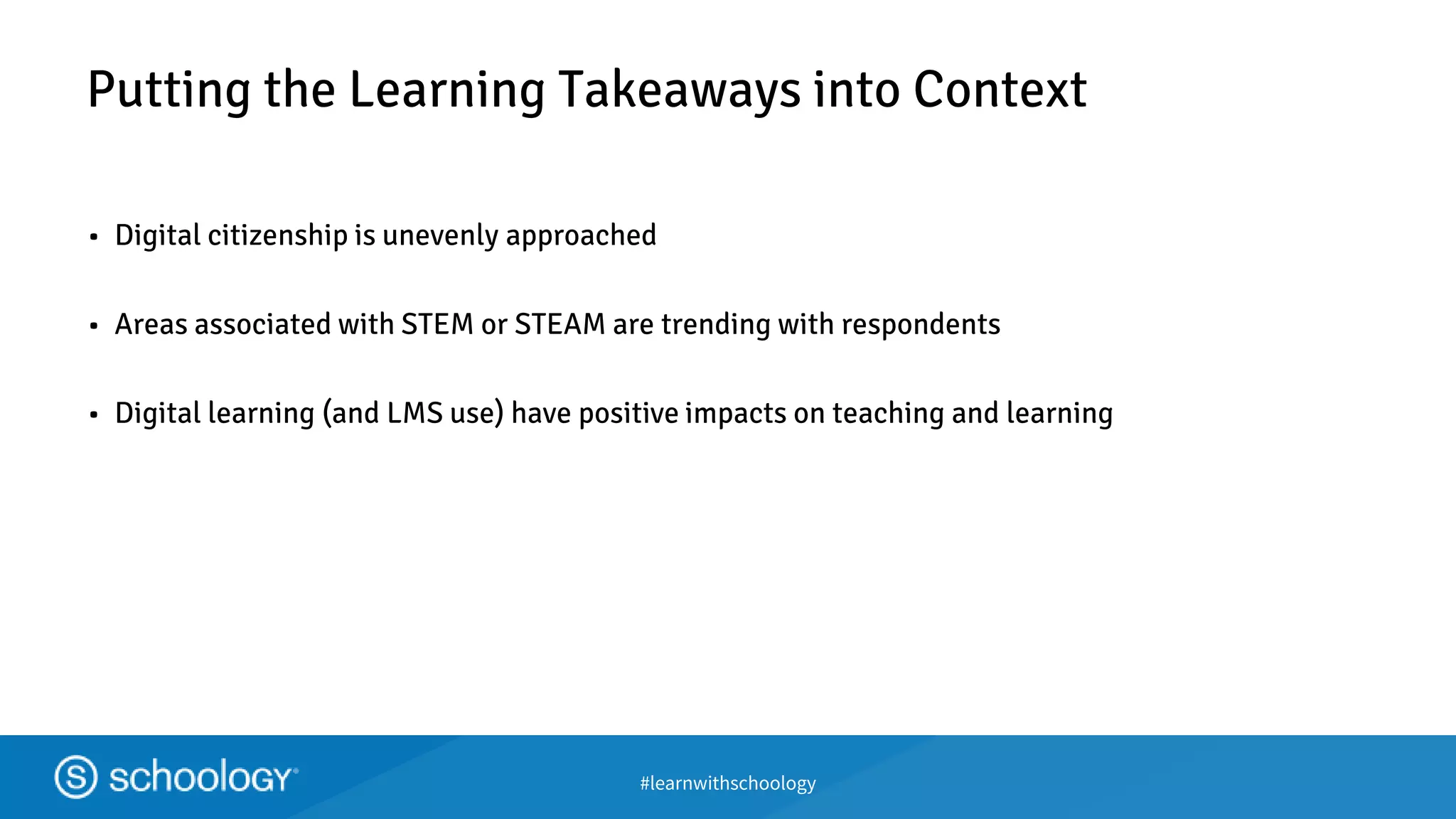 #learnwithschoology
Putting the Learning Takeaways into Context
• Digital citizenship is unevenly approached
• Areas associated with STEM or STEAM are trending with respondents
• Digital learning (and LMS use) have positive impacts on teaching and learning
 