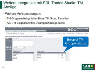 Weitere Integration mit SDL Trados Studio: TM
Abzüge
• Weitere Verbesserungen:
– TM-Gruppenabzüge teilenShare TM Group Penalties

– AIS-TM-Eingenschaften-Diskrepanzabzüge teilen

Beispiel TMGruppenabzug

27

 