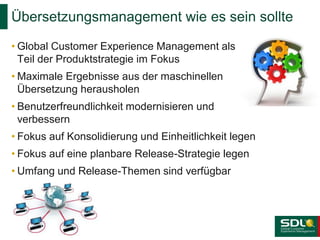 Übersetzungsmanagement wie es sein sollte
• Global Customer Experience Management als
Teil der Produktstrategie im Fokus
• Maximale Ergebnisse aus der maschinellen
Übersetzung herausholen
• Benutzerfreundlichkeit modernisieren und
verbessern
• Fokus auf Konsolidierung und Einheitlichkeit legen
• Fokus auf eine planbare Release-Strategie legen

• Umfang und Release-Themen sind verfügbar

 