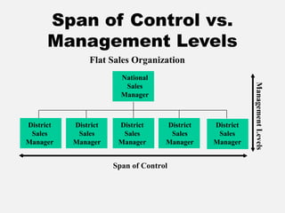 Flat Sales Organization
Span of Control
ManagementLevels
National
Sales
Manager
District
Sales
Manager
District
Sales
Manager
District
Sales
Manager
District
Sales
Manager
District
Sales
Manager
Span of Control vs.
Management Levels
 