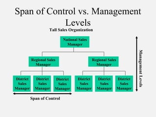 Tall Sales Organization
National Sales
Manager
Span of Control
ManagementLevels
District
Sales
Manager
District
Sales
Manager
District
Sales
Manager
District
Sales
Manager
District
Sales
Manager
District
Sales
Manager
Regional Sales
Manager
Regional Sales
Manager
Span of Control vs. Management
Levels
 