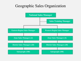 Geographic Sales Organization
National Sales Manager
Zone Sales Managers (4) Zone Sales Managers (4)
District Sales Managers (20)
Salespeople (100) Salespeople (100)
District Sales Managers (20)
Eastern Region Sales Manager Western Region Sales Manager
Sales Training Manager
 