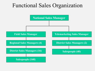 Functional Sales Organization
National Sales Manager
Field Sales Manager Telemarketing Sales Manager
Regional Sales Managers (4)
Salespeople (160)
Salespeople (40)
District Sales Managers (2)
District Sales Managers (16)
 