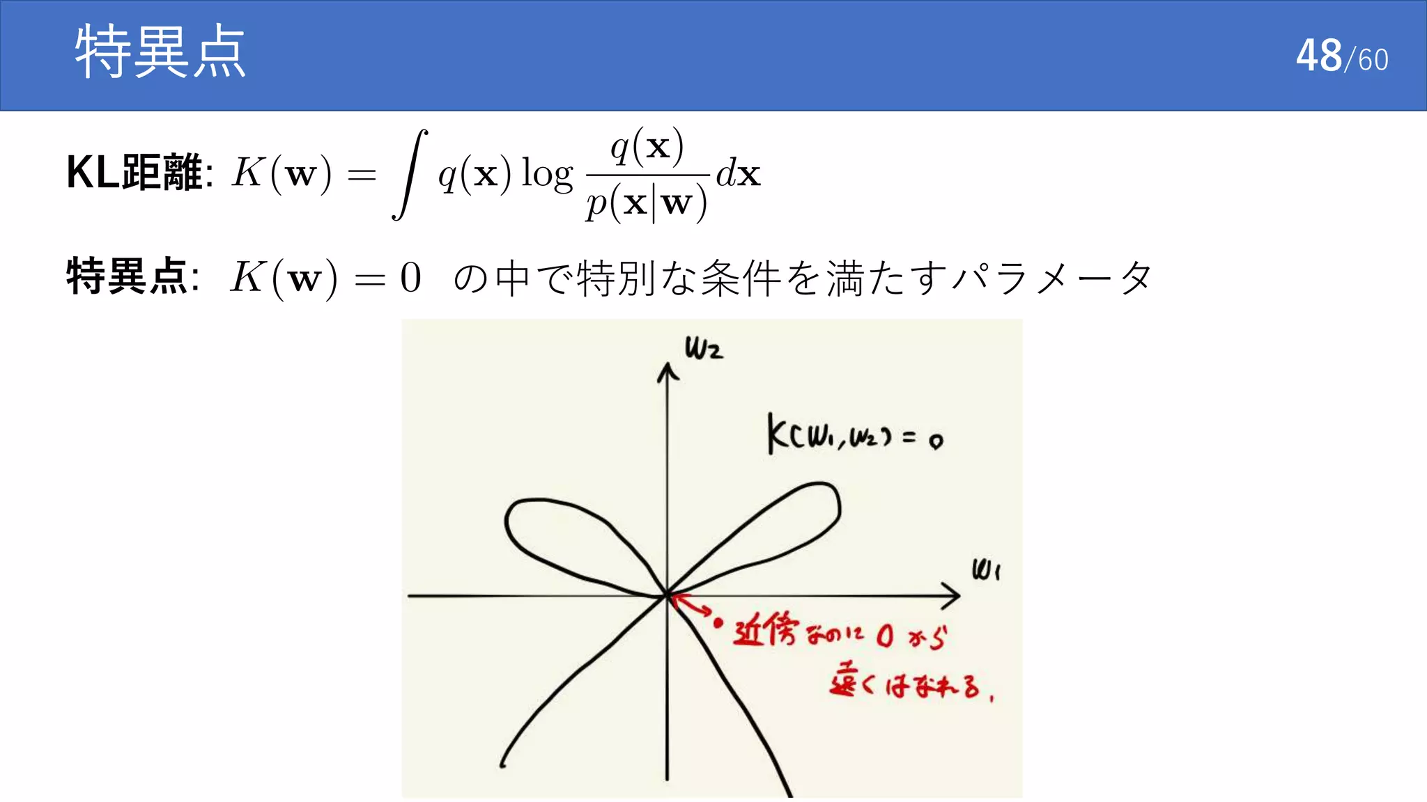 特異点 48/60
KL距離:
の中で特別な条件を満たすパラメータ特異点:
 