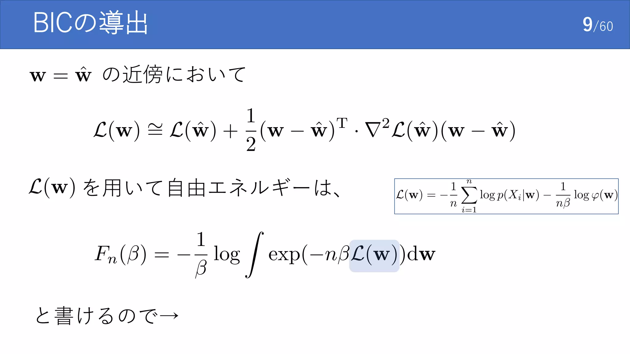 BICの導出 9/60
の近傍において
を用いて自由エネルギーは、
と書けるので→
 