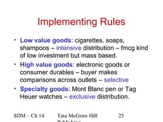 Implementing Rules
• Low value goods: cigarettes, soaps,
  shampoos – intensive distribution – fmcg kind
  of low investment but mass based.
• High value goods: electronic goods or
  consumer durables – buyer makes
  comparisons across outlets – selective
• Specialty goods: Mont Blanc pen or Tag
  Heuer watches – exclusive distribution.

SDM – Ch 14    Tata McGraw Hill     25
 