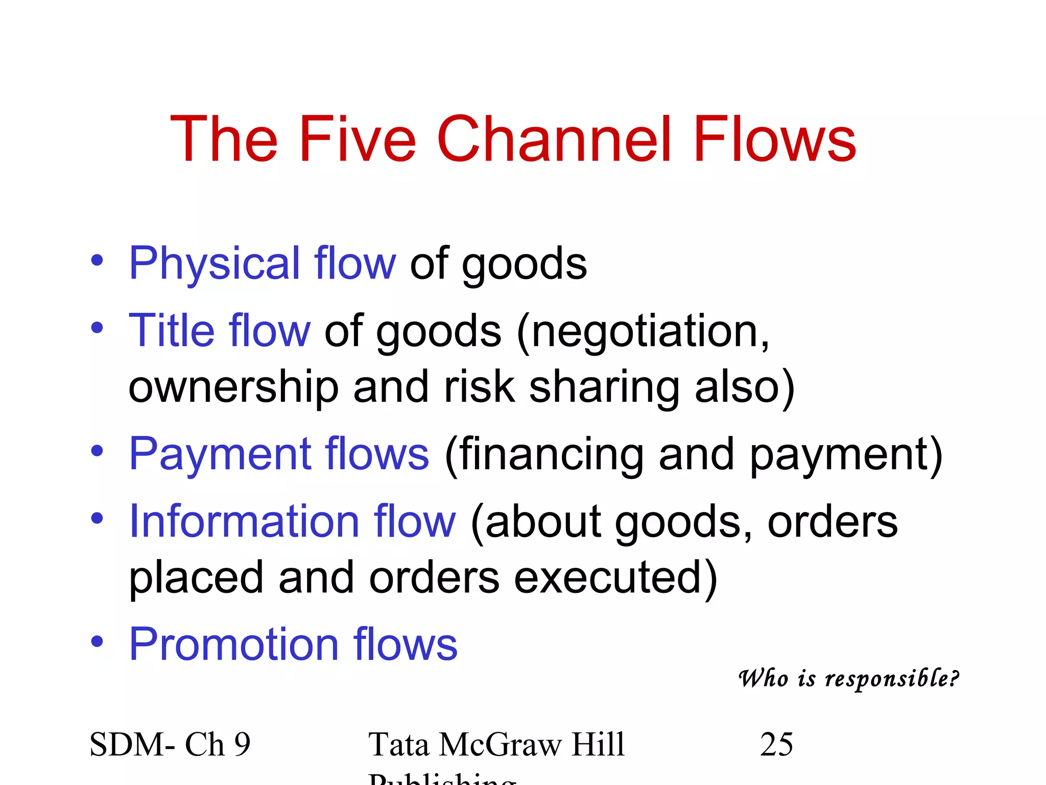 The Five Channel Flows
• Physical flow of goods
• Title flow of goods (negotiation,
  ownership and risk sharing also)
• Payment flows (financing and payment)
• Information flow (about goods, orders
  placed and orders executed)
• Promotion flows
                               Who is responsible?

SDM- Ch 9   Tata McGraw Hill    25
 