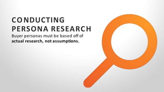 CONDUCTING
PERSONA RESEARCH
Buyer personas must be based off of
actual research, not assumptions.
 