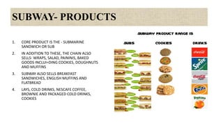 SUBWAY- PRODUCTS
1. CORE PRODUCT IS THE - SUBMARINE
SANDWICH OR SUB
2. IN ADDITION TO THESE, THE CHAIN ALSO
SELLS- WRAPS, SALAD, PAININIS, BAKED
GOODS INCLUI=DING COOKIES, DOUGHNUTS
AND MUFFINS
3. SUBWAY ALSO SELLS BREAKFAST
SANDWICHES, ENGLISH MUFFINS AND
FLATBREAD
4. LAYS, COLD DRINKS, NESCAFE COFFEE,
BROWNIE AND PACKAGED COLD DRINKS,
COOKIES
 