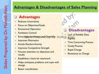 Slides
Prepared
by:
Dr.
Mahtab
Alam
 Advantages
 Reduces Uncertainty
 Focus on Objectives/Goals
 Economical Operation
 Facilitates Control
 Encourages Innovation and Creativity
 Improves Motivation
 Avoids Random Activity
 Improves Competitive Strength
 Focuses attention on objectives and
results
 Establishes a basis for teamwork
 Helps anticipate problems and cope with
change
 Better coordination
Advantages & Disadvantages of Sales Planning
 Disadvantages
 Lack of Reliable Data
 Rigidity
 Time Consuming Process
 Costly Process
 Rapid Change
 Resistance to Change
 