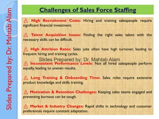 Slides
Prepared
by:
Dr.
Mahtab
Alam Challenges of Sales Force Staffing
⚠ High Recruitment Costs: Hiring and training salespeople require
significant financial investment.
⚠ Talent Acquisition Issues: Finding the right sales talent with the
necessary skills can be difficult.
⚠ High Attrition Rates: Sales jobs often have high turnover, leading to
frequent hiring and training cycles.
⚠ Inconsistent Performance Levels: Not all hired salespeople perform
equally, leading to uneven results.
⚠ Long Training & Onboarding Time: Sales roles require extensive
product knowledge and skills training.
⚠ Motivation & Retention Challenges: Keeping sales teams engaged and
preventing burnout can be tough.
⚠ Market & Industry Changes: Rapid shifts in technology and customer
preferences require constant adaptation.
 