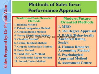 Slides
Prepared
by:
Dr.
Mahtab
Alam Methods of Sales force
Performance Appraisal
Traditional/Past-Oriented
Methods
1. Ranking Method
2. Paired Comparison Method.
3. Grading/Rating Method
4. Forced Distribution Method
5. Checklist Method
6. Critical Incident Method
7. Graphic Rating Scale Method
8. Essay Method
9. Field Review Method
10. Confidential Report Method
11. Forced Choice Method
Modern/Future
Oriented Methods
1. MBO
2. 360 Degree Appraisal
3. BARS (Behaviorally
Anchored Rating
Scale).
4. Human Resource
Accounting Method
5. Psychological
Appraisal Method
6. Assessment Centre
 