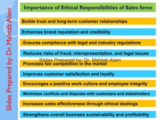 Slides
Prepared
by:
Dr.
Mahtab
Alam Importance of Ethical Responsibilities of Sales force
Builds trust and long-term customer relationships
Enhances brand reputation and credibility
Ensures compliance with legal and industry regulations
Reduces risks of fraud, misrepresentation, and legal issues
Promotes fair competition in the market
Improves customer satisfaction and loyalty
Encourages a positive work culture and employee integrity
Minimizes conflicts and disputes with customers and stakeholders
Increases sales effectiveness through ethical dealings
Strengthens overall business sustainability and profitability
 