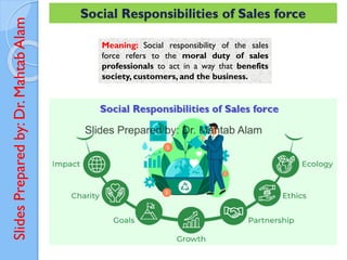 Slides
Prepared
by:
Dr.
Mahtab
Alam Social Responsibilities of Sales force
Meaning: Social responsibility of the sales
force refers to the moral duty of sales
professionals to act in a way that benefits
society, customers, and the business.
 