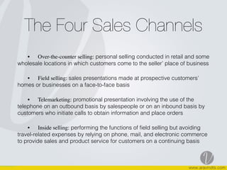 The Four Sales Channels
• Over-the-counter selling: personal selling conducted in retail and some
wholesale locations in which customers come to the seller’ place of business  
• Field selling: sales presentations made at prospective customers’
homes or businesses on a face-to-face basis  
• Telemarketing: promotional presentation involving the use of the
telephone on an outbound basis by salespeople or on an inbound basis by
customers who initiate calls to obtain information and place orders  
• Inside selling: performing the functions of ﬁeld selling but avoiding
travel-related expenses by relying on phone, mail, and electronic commerce
to provide sales and product service for customers on a continuing basis  
 
