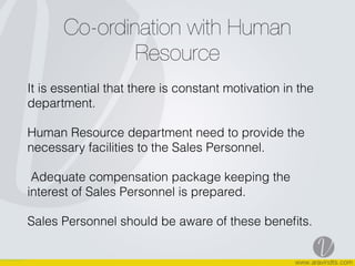 Co-ordination with Human
Resource
It is essential that there is constant motivation in the
department.
Human Resource department need to provide the
necessary facilities to the Sales Personnel.
Adequate compensation package keeping the
interest of Sales Personnel is prepared.
Sales Personnel should be aware of these beneﬁts.
 