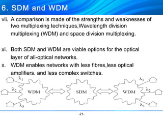vii. A comparison is made of the strengths and weaknesses of 
two multiplexing techniques,Wavelength division 
multiplexing (WDM) and space division multiplexing. 
xi. Both SDM and WDM are viable options for the optical 
layer of all-optical networks. 
x. WDM enables networks with less fibres,less optical 
amplifiers, and less complex switches. 
-21- 
6. SDM and WDM 
 