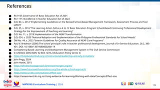 MATATAG Curriculum Training | 2024
References
● RA 9155 Governance of Basic Education Act of 2001
● RA 11713 Excellence in Teacher Education Act of 2022
● D.O. 83, s. 2012 “Implementing Guidelines on the Revised School-Based Management Framework, Assessment Process and Tool
(APAT)”
● D.O. 35, s. 2016 “The Learning Action Cell as a K to 12 Basic Education Program School-Based Continuing Professional Development
Strategy for the Improvement of Teaching and Learning”
● D.O. No. 11, s. 2019 Implementation of the NEAP Transformation
● D.O. 024, s. 2020 “National Adoption and Implementation of the Philippine Professional Standards for School Heads”
● DM No. 44, s. 2023 “Interim Guidelines for Quality Assurance of NEAP Core Programs”
● Paul V. Bredeson (2000) The school principal's role in teacher professional development, Journal of In-Service Education, 26:2, 385-
401, DOI: 10.1080/13674580000200114
● Competency-Based Learning and Development Management System in The Civil Service Commission
● © UNESCO 2005 ISBN: 92-803-1278-2 (Education Policy Series 3)
● https://theeducationhub.org.nz/instructional-leadership-and-why-it-matters/
● John Pegg, 2024
● John Hattie, 2015
● https://wholeschoolapproach.lerenvoormorgen.org/en/
● https://www.futureswithoutviolence.org/the-whole-school-approach/
● https://www.scribbr.com/statistics/effect-size/
● https://assessment.tki.org.nz/Using-evidence-for-learning/Working-with-data/Concepts/Effect-size
134
 