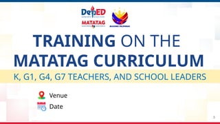 TRAINING ON THE
MATATAG CURRICULUM
Venue
Date
3
K, G1, G4, G7 TEACHERS, AND SCHOOL LEADERS
 