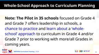 MATATAG Curriculum Training | 2024
Note: The Pilot in 35 schools focused on Grade 4
and Grade 7 offers leadership in schools, a
chance to practice and learn about a ‘whole-
school’ approach to curriculum in Grade 4 and/or
Grade 7 prior to working with more/all Grades in
coming years.
49
Whole-School Approach to Curriculum Planning
 