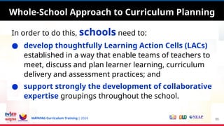 MATATAG Curriculum Training | 2024
In order to do this, schools need to:
● develop thoughtfully Learning Action Cells (LACs)
established in a way that enable teams of teachers to
meet, discuss and plan learner learning, curriculum
delivery and assessment practices; and
● support strongly the development of collaborative
expertise groupings throughout the school.
55
Whole-School Approach to Curriculum Planning
 