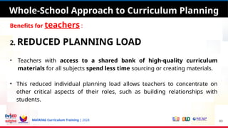 MATATAG Curriculum Training | 2024
Whole-School Approach to Curriculum Planning
Benefits for teachers :
2. REDUCED PLANNING LOAD
• Teachers with access to a shared bank of high-quality curriculum
materials for all subjects spend less time sourcing or creating materials.
• This reduced individual planning load allows teachers to concentrate on
other critical aspects of their roles, such as building relationships with
students.
60
Whole-School Approach to Curriculum Planning
 