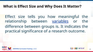 MATATAG Curriculum Training | 2024
What is Effect Size and Why Does It Matter?
Effect size tells you how meaningful the
relationship between variables or the
difference between groups is. It indicates the
practical significance of a research outcome.
20
 