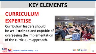 MATATAG Curriculum Training | 2024
CURRICULUM
EXPERTISE
Curriculum leaders should
be well-trained and capable of
overseeing the implementation
of the curriculum approach.
52
KEY ELEMENTS
 