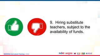 MATATAG Curriculum Training | 2024
9. Hiring substitute
teachers, subject to the
availability of funds.
 