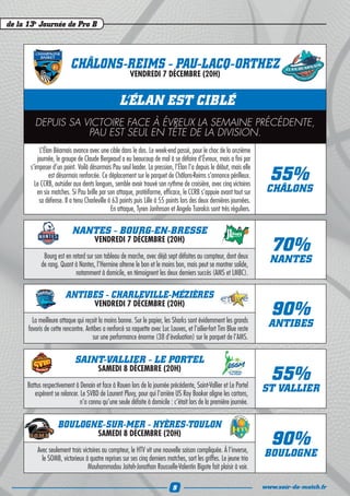 de la 13e Journée de Pro B




                          CHÂLONS-REIMS - PAU-LACQ-ORTHEZ
                                                       VENDREDI 7 DÉCEMBRE (20H)


                                                  L’ÉLAN EST CIBLÉ
         DEPUIS SA VICTOIRE FACE À ÉVREUX LA SEMAINE PRÉCÉDENTE,
                    PAU EST SEUL EN TÊTE DE LA DIVISION.
           L’Élan Béarnais avance avec une cible dans le dos. Le week-end passé, pour le choc de la onzième
          journée, le groupe de Claude Bergeaud a eu beaucoup de mal à se défaire d’Évreux, mais a fini par
       s’imposer d’un point. Voilà désormais Pau seul leader. La pression, l’Élan l’a depuis le début, mais elle
                est désormais renforcée. Ce déplacement sur le parquet de Châlons-Reims s’annonce périlleux.
         Le CCRB, outsider aux dents longues, semble avoir trouvé son rythme de croisière, avec cinq victoires
                                                                                                                      55%
          en six matches. Si Pau brille par son attaque, protéiforme, efficace, le CCRB s’appuie avant tout sur      CHÂLONS
           sa défense. Il a tenu Charleville à 63 points puis Lille à 55 points lors des deux dernières journées.
                                              En attaque, Tyren Jonhnson et Angelo Tsarakis sont très réguliers.


                           NANTES - BOURG-EN-BRESSE
                                      VENDREDI 7 DÉCEMBRE (20H)
             Bourg est en retard sur son tableau de marche, avec déjà sept défaites au compteur, dont deux
                                                                                                                      70%
            de rang. Quant à Nantes, l’Hermine alterne le bon et le moins bon, mais peut se montrer solide,
                                                                                                                      NANTES
                            notamment à domicile, en témoignent les deux derniers succès (AMS et LMBC).


                        ANTIBES - CHARLEVILLE-MÉZIÈRES
                                      VENDREDI 7 DÉCEMBRE (20H)
        La meilleure attaque qui reçoit la moins bonne. Sur le papier, les Sharks sont évidemment les grands
                                                                                                                      90%
      favoris de cette rencontre. Antibes a renforcé sa raquette avec Luc Louves, et l’ailier-fort Tim Blue reste
                                                                                                                     ANTIBES
                                     sur une performance énorme (38 d’évaluation) sur le parquet de l’AMS.


                            SAINT-VALLIER - LE PORTEL
                                       SAMEDI 8 DÉCEMBRE (20H)
      Battus respectivement à Denain et face à Rouen lors de la journée précédente, Saint-Vallier et Le Portel
                                                                                                                      55%
         espèrent se relancer. Le SVBD de Laurent Pluvy, pour qui l’arrière US Roy Booker aligne les cartons,
                                                                                                                    ST VALLIER
                               n’a connu qu’une seule défaite à domicile : c’était lors de la première journée.


                    BOULOGNE-SUR-MER - HYÈRES-TOULON
                                       SAMEDI 8 DÉCEMBRE (20H)
          Avec seulement trois victoires au compteur, le HTV vit une nouvelle saison compliquée. À l’inverse,
                                                                                                                      90%
            le SOMB, victorieux à quatre reprises sur ses cinq derniers matches, sort les griffes. Le jeune trio
                                                                                                                    BOULOGNE
                                  Mouhammadou Jaiteh-Jonathan Rousselle-Valentin Bigote fait plaisir à voir.

                                                                            9                                       www.soir-de-match.fr
 