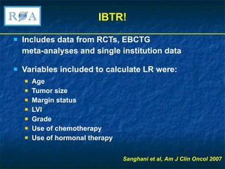 IBTR! Includes data from RCTs, EBCTG  meta-analyses and single institution data Variables included to calculate LR were: Age Tumor size Margin status LVI Grade Use of chemotherapy Use of hormonal therapy Sanghani et al, Am J Clin Oncol 2007 